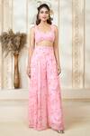 Buy_Aariyana Couture_Pink Chiffon Embroidery Scoop Neck Rose Petal Print Flared Pant Cape Set_Online_at_Aza_Fashions