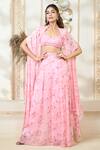 Shop_Aariyana Couture_Pink Chiffon Embroidery Scoop Neck Rose Petal Print Flared Pant Cape Set_Online_at_Aza_Fashions
