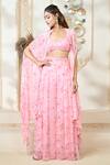 Aariyana Couture_Pink Chiffon Embroidery Scoop Neck Rose Petal Print Flared Pant Cape Set_at_Aza_Fashions