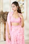 Shop_Aariyana Couture_Pink Chiffon Embroidery Scoop Neck Rose Petal Print Flared Pant Cape Set