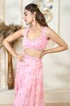 Buy_Aariyana Couture_Pink Chiffon Embroidery Scoop Neck Rose Petal Print Flared Pant Cape Set_Online