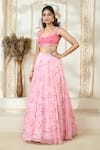 Buy_Aariyana Couture_Pink Lehenga And Dupatta Chiffon Printed Rose Petal V Neck Set With Ruffle _Online_at_Aza_Fashions