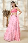 Aariyana Couture_Pink Lehenga And Dupatta Chiffon Printed Rose Petal V Neck Set With Ruffle _at_Aza_Fashions