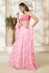 Buy_Aariyana Couture_Pink Lehenga And Dupatta Chiffon Printed Rose Petal V Neck Set With Ruffle 