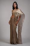 Buy_Shruti S_Gold Saree Zari Embroidery Stripe Round Metallic Pre-draped With Blouse _at_Aza_Fashions