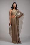 Shruti S_Gold Saree Zari Embroidery Stripe Round Metallic Pre-draped With Blouse _at_Aza_Fashions