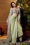 Shop_Amrood_Green Modal Satin Printed Chevron Jacket Open Skirt Set _at_Aza_Fashions