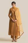 Buy_Cupid Cotton_Gold Silk, Cotton Embroidery V-neck Delisha Anarkali And Pant Set _at_Aza_Fashions