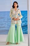 Buy_Tarini Vij_Green Kurta Satin Georgette Printed Floral V Neck And Gharara Set _at_Aza_Fashions