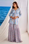 Buy_Tarini Vij_Blue Satin Georgette Printed Floral V Neck Freeda Kurta And Gharara Set _at_Aza_Fashions