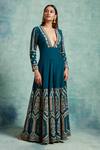 Buy_Vedika Soni_Green Crepe Embroidered Resham Deep V Neck Flared Jumpsuit _Online_at_Aza_Fashions