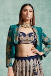 Buy_Vedika Soni_Blue Crepe Embroidered Sequin Jacket Shawl Collar Resham Lehenga Set _Online