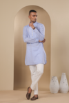 Raw & Rustic by Niti Bothra_Blue Benarasi Silk Chanderi Solid Pleated Placket Kurta _at_Aza_Fashions