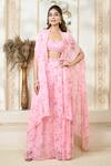 Aariyana Couture_Pink Chiffon Embroidery Scoop Neck Rose Petal Print Flared Pant Cape Set
