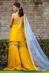 Shop_Sangeeta Swati_Yellow Dupion Silk Embroidery Gota Mandarin Collar Kurta Sharara Set _at_Aza_Fashions