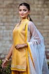 Buy_Sangeeta Swati_Yellow Dupion Silk Embroidery Gota Mandarin Collar Kurta Sharara Set _Online_at_Aza_Fashions