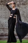 Buy_Sangeeta Swati_Black Embroidery Cutdana Square Border Pre-draped Saree With Blouse _Online_at_Aza_Fashions