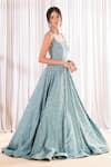 Pooja Peshoria_Green Crepe Hand Embellished Crystal Scoop Flared Gown _Online_at_Aza_Fashions