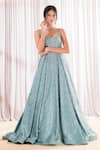 Buy_Pooja Peshoria_Green Crepe Hand Embellished Crystal Scoop Flared Gown _Online_at_Aza_Fashions