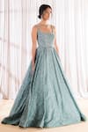 Buy_Pooja Peshoria_Green Crepe Hand Embellished Crystal Scoop Flared Gown 