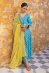 Buy_Myaara_Blue Silk, Cotton, Kota Doria Sequins Split Foliage Zari Pattern Kurta Pant Set _at_Aza_Fashions