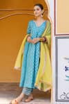 Myaara_Blue Silk, Cotton, Kota Doria Sequins Split Foliage Zari Pattern Kurta Pant Set _at_Aza_Fashions