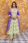 Buy_Myaara_Green Anarkali Silk Viscose Zari Sequin V-neck Blossom Patterned Pant Set 