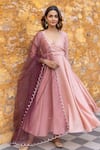 Buy_Myaara_Peach Anarkali Crepe Georgette Pleated Yoke Set With Embellished Dupatta _at_Aza_Fashions