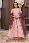 Myaara_Peach Anarkali Crepe Georgette Pleated Yoke Set With Embellished Dupatta _Online_at_Aza_Fashions