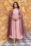 Buy_Myaara_Peach Anarkali Crepe Georgette Pleated Yoke Set With Embellished Dupatta _Online_at_Aza_Fashions