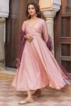 Buy_Myaara_Peach Anarkali Crepe Georgette Pleated Yoke Set With Embellished Dupatta 