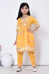 Buy_Samyukta Singhania_Yellow Cotton Print Ikat Flora Motif Aliya Cut Kurta With Pant _at_Aza_Fashions