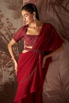 Sana Barreja_Red Blouse Net Agatha Ruffle Pre Stitched Saree Set With Embellished  _Online_at_Aza_Fashions