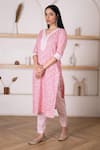 Shop_Pheeta_Pink Cotton Printed Floral V Neck Straight Kurta And Pant Set _Online_at_Aza_Fashions