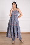 Buy_Pheeta_Blue Cotton Printed Floral Scoop Tiered Anarkali And Pant Set _at_Aza_Fashions