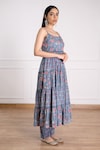 Pheeta_Blue Cotton Printed Floral Scoop Tiered Anarkali And Pant Set _Online_at_Aza_Fashions