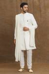 Buy_Aryavir Malhotra_White Silk Embroidered Thread Sequin Placement Sherwani _at_Aza_Fashions