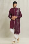 Buy_Aryavir Malhotra_Wine Silk Embroidered Thread Mirrorwork Placement Sherwani _at_Aza_Fashions