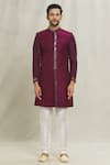 Aryavir Malhotra_Wine Silk Embroidered Thread Mirrorwork Placement Sherwani _Online_at_Aza_Fashions