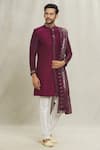 Shop_Aryavir Malhotra_Wine Silk Embroidered Thread Mirrorwork Placement Sherwani _Online_at_Aza_Fashions