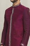 Aryavir Malhotra_Wine Silk Embroidered Thread Mirrorwork Placement Sherwani _at_Aza_Fashions