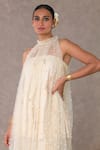 Masaba_Ivory Raw Silk Print Nargis Cape Ruffled Collar Embellished Bell Bottom Set _Online_at_Aza_Fashions