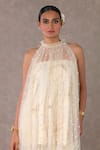 Masaba_Ivory Raw Silk Print Nargis Cape Ruffled Collar Embellished Bell Bottom Set _at_Aza_Fashions