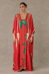 Buy_Masaba_Red Kaftan - Dupion Silk Print Dori V Neck Candy Swirl _at_Aza_Fashions