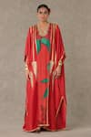 Buy_Masaba_Red Kaftan - Dupion Silk Print Dori V Neck Candy Swirl _Online_at_Aza_Fashions