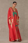 Masaba_Red Kaftan - Dupion Silk Print Dori V Neck Candy Swirl _at_Aza_Fashions