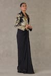 Shop_Masaba_Black Cropped Blazer - Textured Knit Embroidery Embellished Draped Skirt Set_Online_at_Aza_Fashions