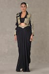 Masaba_Black Cropped Blazer - Textured Knit Embroidery Embellished Draped Skirt Set_at_Aza_Fashions