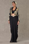 Buy_Masaba_Black Cropped Blazer - Textured Knit Embroidery Embellished Draped Skirt Set