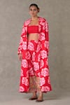 Buy_Masaba_Red Trench Coat And Salwar- Raw Silk Print Nurvi Notch Collar Jacket Set _at_Aza_Fashions